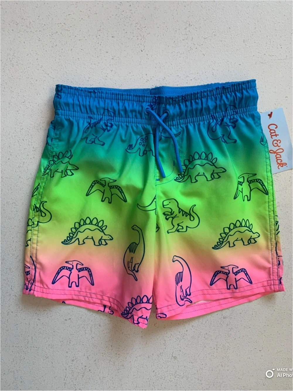 Cat & Jack Dinosaur Print Swim Trunks Swimsuit Boys Size 5T NWT Blue Green Pink
